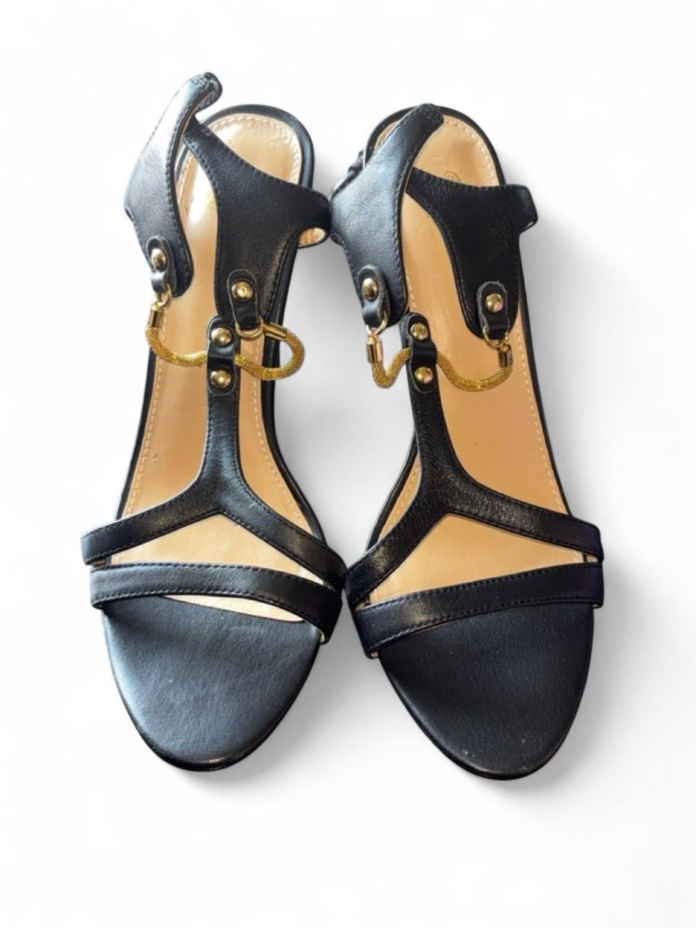 Victoria’s Secret Women's Black T-Strap Heels with Gold Chain Detail